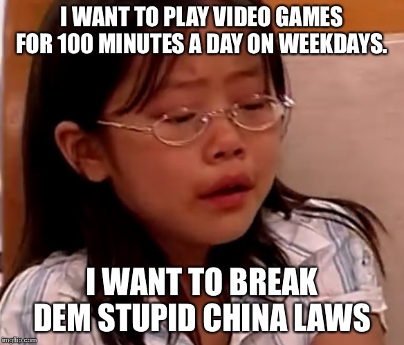 Stupid China laws broke | I WANT TO PLAY VIDEO GAMES FOR 100 MINUTES A DAY ON WEEKDAYS. I WANT TO BREAK DEM STUPID CHINA LAWS | image tagged in china | made w/ Imgflip meme maker