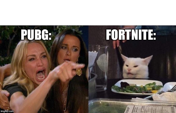 2018 be like | PUBG:                        FORTNITE: | image tagged in memes,woman yelling at cat,pubg,fortnite,lawsuit,gaming | made w/ Imgflip meme maker