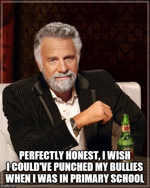 The Most Interesting Man In The World Meme | PERFECTLY HONEST, I WISH I COULD'VE PUNCHED MY BULLIES WHEN I WAS IN PRIMARY SCHOOL | image tagged in memes,the most interesting man in the world | made w/ Imgflip meme maker