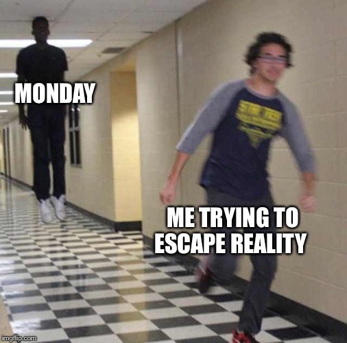 floating boy chasing running boy | MONDAY; ME TRYING TO ESCAPE REALITY | image tagged in floating boy chasing running boy | made w/ Imgflip meme maker