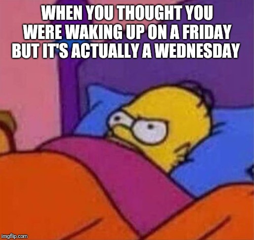 angry homer simpson in bed | WHEN YOU THOUGHT YOU WERE WAKING UP ON A FRIDAY BUT IT'S ACTUALLY A WEDNESDAY | image tagged in angry homer simpson in bed | made w/ Imgflip meme maker