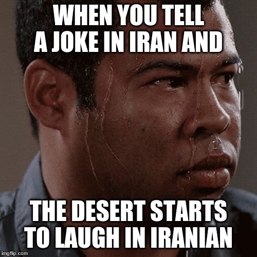 Sweaty tryhard | WHEN YOU TELL A JOKE IN IRAN AND; THE DESERT STARTS TO LAUGH IN IRANIAN | image tagged in sweaty tryhard,memes,ww3 | made w/ Imgflip meme maker