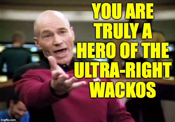 Picard Wtf Meme | YOU ARE
TRULY A
HERO OF THE
ULTRA-RIGHT
WACKOS | image tagged in memes,picard wtf | made w/ Imgflip meme maker