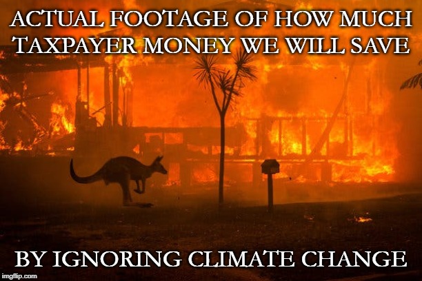 Not taking action carries costs, too. | ACTUAL FOOTAGE OF HOW MUCH TAXPAYER MONEY WE WILL SAVE; BY IGNORING CLIMATE CHANGE | image tagged in australia bushfires,climate change,global warming,australia,taxpayer,wildfires | made w/ Imgflip meme maker
