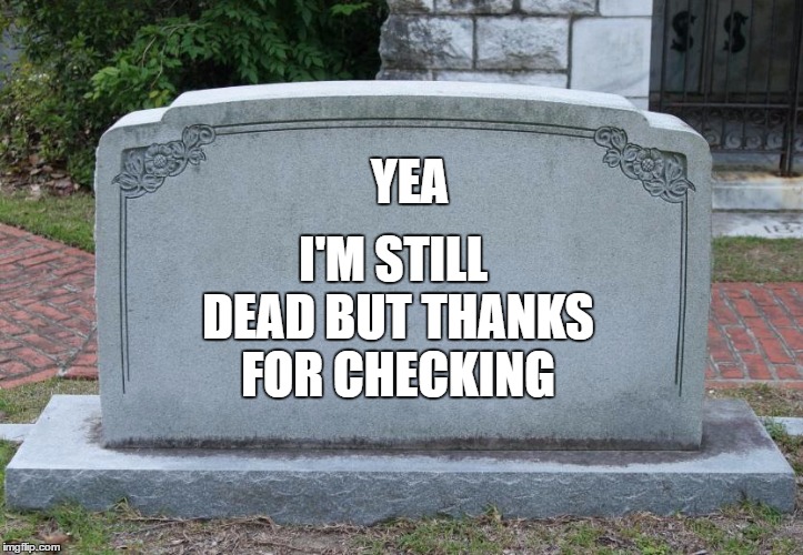 Gravestone | YEA; I'M STILL  DEAD BUT THANKS FOR CHECKING | image tagged in gravestone,random,dead | made w/ Imgflip meme maker