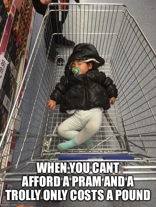 WHEN YOU CANT AFFORD A PRAM AND A TROLLY ONLY COSTS A POUND | image tagged in victory baby | made w/ Imgflip meme maker