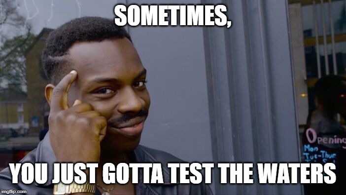 Roll Safe Think About It Meme | SOMETIMES, YOU JUST GOTTA TEST THE WATERS | image tagged in memes,roll safe think about it | made w/ Imgflip meme maker