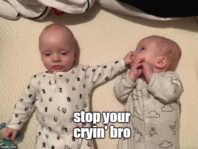 My newest second cousins are so cute! | stop your cryin' bro | image tagged in cute baby,twins,sucking thumb,babies,cousins,memes | made w/ Imgflip meme maker