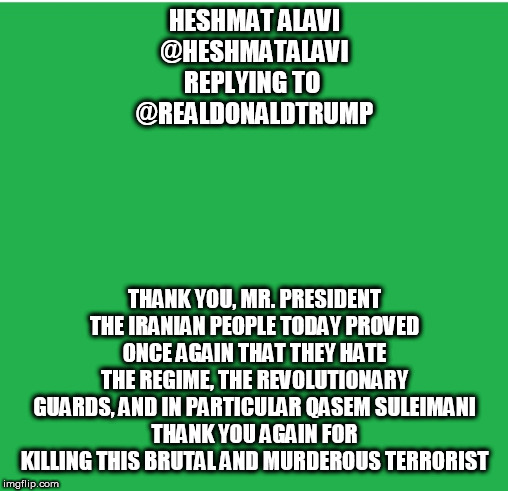 Green Screen | HESHMAT ALAVI
@HESHMATALAVI
REPLYING TO 
@REALDONALDTRUMP; THANK YOU, MR. PRESIDENT
THE IRANIAN PEOPLE TODAY PROVED ONCE AGAIN THAT THEY HATE THE REGIME, THE REVOLUTIONARY GUARDS, AND IN PARTICULAR QASEM SULEIMANI
THANK YOU AGAIN FOR KILLING THIS BRUTAL AND MURDEROUS TERRORIST | image tagged in green screen | made w/ Imgflip meme maker