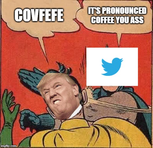 Batman Slapping Robin | COVFEFE; IT'S PRONOUNCED COFFEE YOU ASS | image tagged in memes,batman slapping robin | made w/ Imgflip meme maker