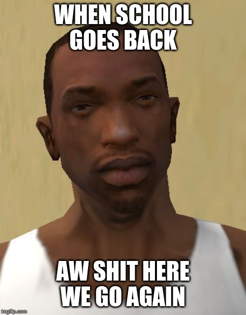 Cj | WHEN SCHOOL GOES BACK; AW SHIT HERE WE GO AGAIN | image tagged in cj | made w/ Imgflip meme maker