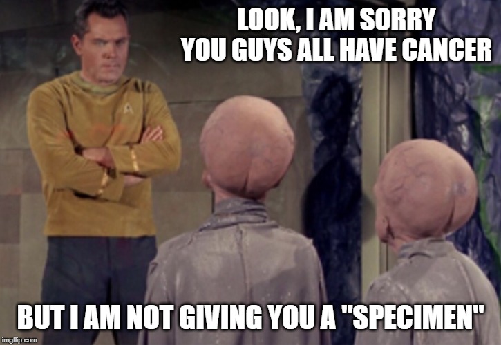Looking for a Cure | LOOK, I AM SORRY YOU GUYS ALL HAVE CANCER; BUT I AM NOT GIVING YOU A "SPECIMEN" | image tagged in star trek aliens | made w/ Imgflip meme maker