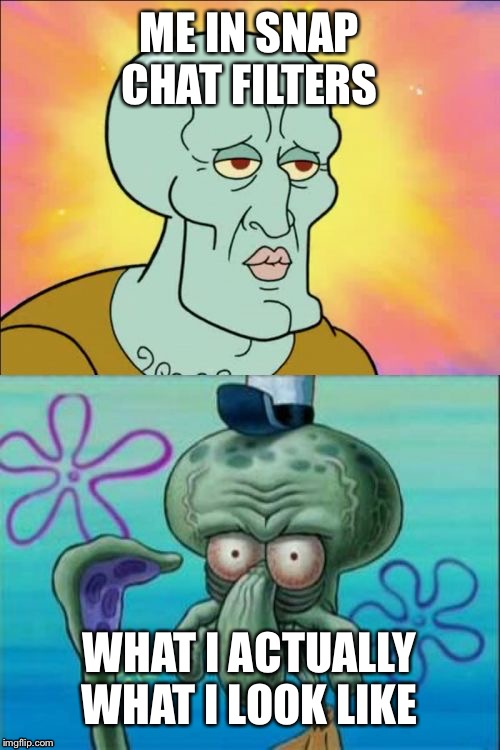 Squidward | ME IN SNAP CHAT FILTERS; WHAT I ACTUALLY WHAT I LOOK LIKE | image tagged in memes,squidward | made w/ Imgflip meme maker