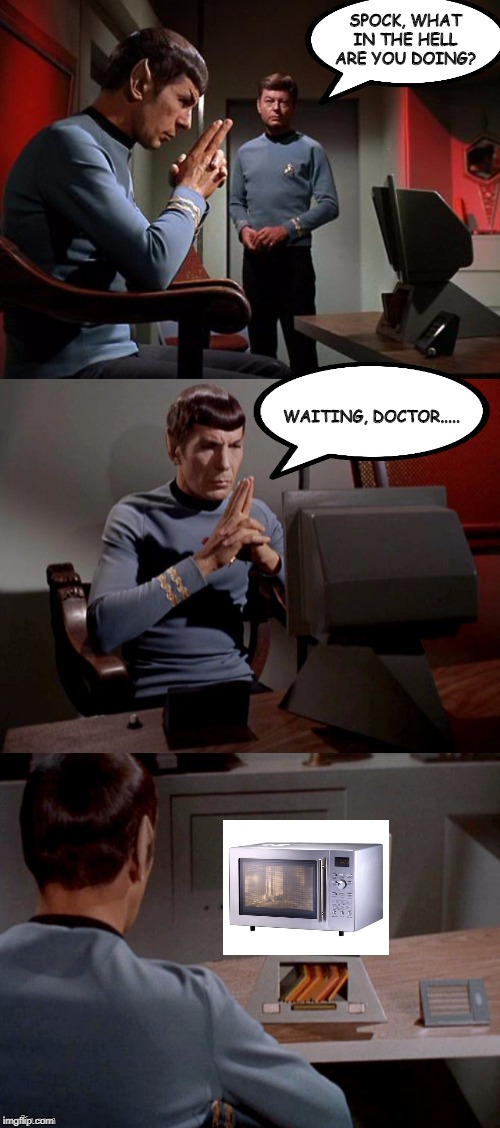 Ready in Minutes Eh Spock? | SPOCK, WHAT IN THE HELL ARE YOU DOING? WAITING, DOCTOR..... | image tagged in spock contemplating | made w/ Imgflip meme maker