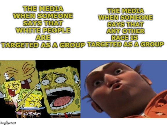 Blank White Template | THE MEDIA WHEN SOMEONE SAYS THAT WHITE PEOPLE ARE TARGETED AS A GROUP; THE MEDIA WHEN SOMEONE SAYS THAT ANY OTHER RACE IS  TARGETED AS A GROUP | image tagged in blank white template | made w/ Imgflip meme maker