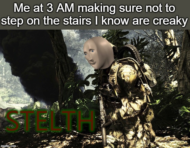 Improved edit of a meme I shared a few days ago. Thanks to Redditor roundboi69 for the photoshop! | Me at 3 AM making sure not to step on the stairs I know are creaky; STELTH | image tagged in stelth,meme man,call of duty | made w/ Imgflip meme maker