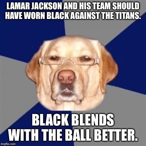 Ravens lost to Titans because they did not wear black | LAMAR JACKSON AND HIS TEAM SHOULD HAVE WORN BLACK AGAINST THE TITANS. BLACK BLENDS WITH THE BALL BETTER. | image tagged in racist dog,memes,baltimore ravens,black,bad joke,nfl football | made w/ Imgflip meme maker