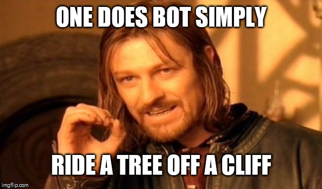 One Does Not Simply Meme | ONE DOES BOT SIMPLY RIDE A TREE OFF A CLIFF | image tagged in memes,one does not simply | made w/ Imgflip meme maker