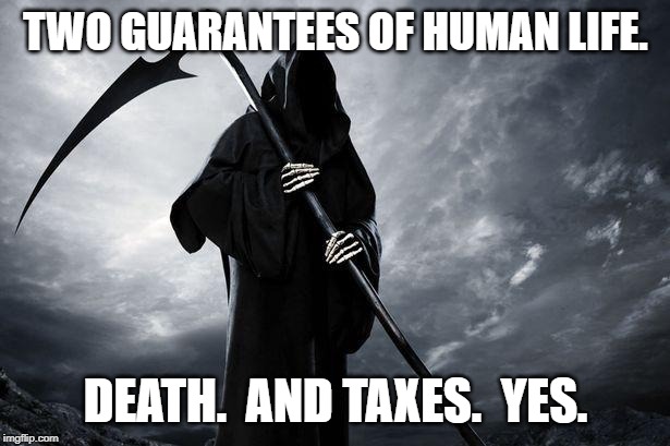 Death | TWO GUARANTEES OF HUMAN LIFE. DEATH.  AND TAXES.  YES. | image tagged in death | made w/ Imgflip meme maker