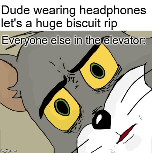 Nooooooooooooooooooooo | Dude wearing headphones let's a huge biscuit rip; Everyone else in the elevator: | image tagged in memes,unsettled tom | made w/ Imgflip meme maker