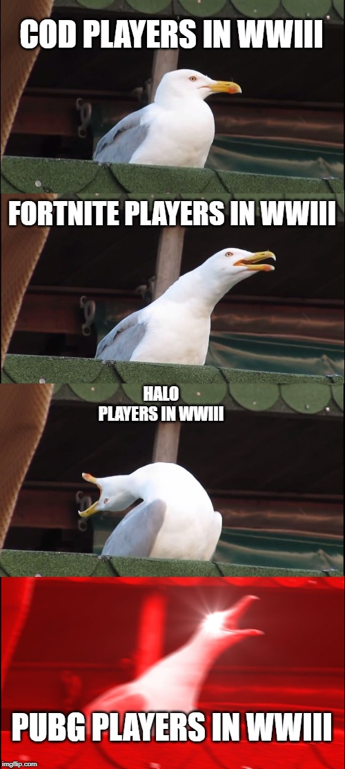 Inhaling Seagull | COD PLAYERS IN WWIII; FORTNITE PLAYERS IN WWIII; HALO PLAYERS IN WWIII; PUBG PLAYERS IN WWIII | image tagged in memes,inhaling seagull | made w/ Imgflip meme maker