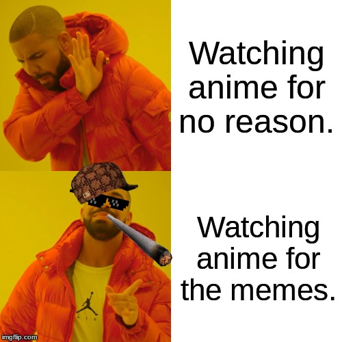Drake Hotline Bling Meme | Watching anime for no reason. Watching anime for the memes. | image tagged in memes,drake hotline bling | made w/ Imgflip meme maker