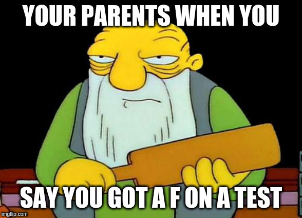 That's a paddlin' | YOUR PARENTS WHEN YOU; SAY YOU GOT A F ON A TEST | image tagged in memes,that's a paddlin' | made w/ Imgflip meme maker