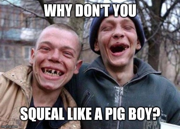 Ugly Twins Meme | WHY DON'T YOU; SQUEAL LIKE A PIG BOY? | image tagged in memes,ugly twins | made w/ Imgflip meme maker