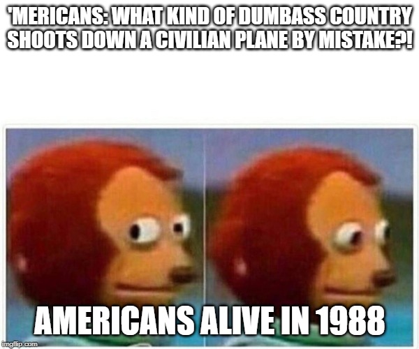 Monkey Puppet Meme | 'MERICANS: WHAT KIND OF DUMBASS COUNTRY SHOOTS DOWN A CIVILIAN PLANE BY MISTAKE?! AMERICANS ALIVE IN 1988 | image tagged in monkey puppet | made w/ Imgflip meme maker