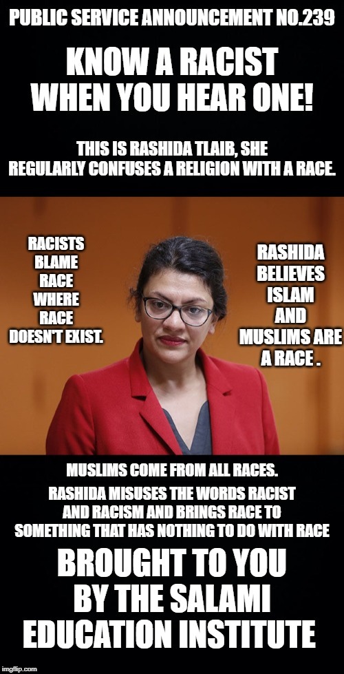 Recent Statements by Rashida Tlaib in regard to racism and the Travel Ban have prompted an urgent public education program. | RASHIDA MISUSES THE WORDS RACIST AND RACISM AND BRINGS RACE TO SOMETHING THAT HAS NOTHING TO DO WITH RACE | image tagged in rashida tlaib,racist,racist dog,racism | made w/ Imgflip meme maker