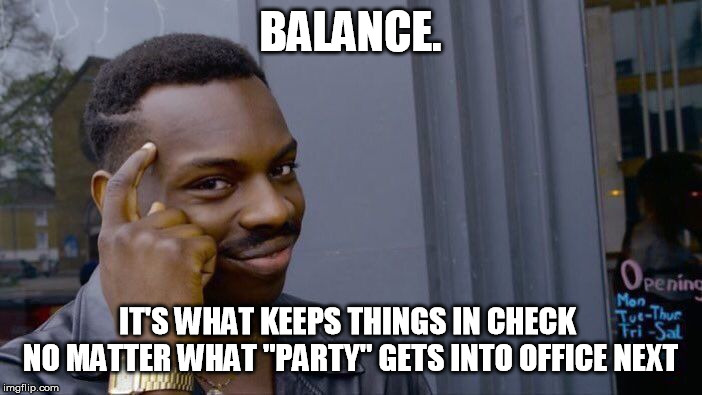 Roll Safe Think About It Meme | BALANCE. IT'S WHAT KEEPS THINGS IN CHECK 
NO MATTER WHAT "PARTY" GETS INTO OFFICE NEXT | image tagged in memes,roll safe think about it | made w/ Imgflip meme maker