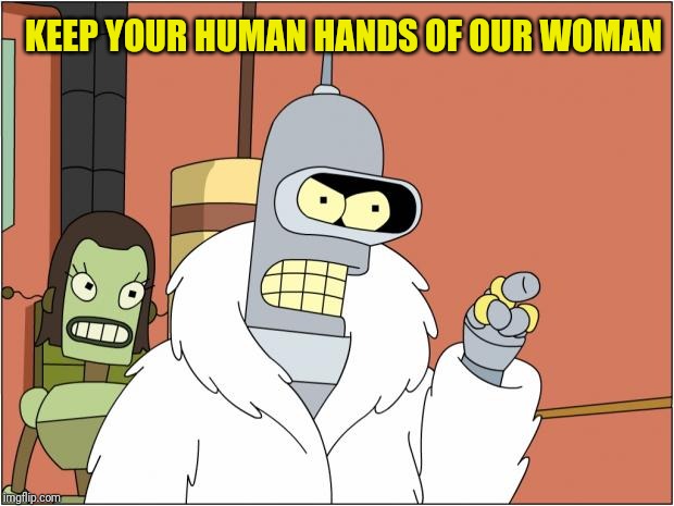 Bender Meme | KEEP YOUR HUMAN HANDS OF OUR WOMAN | image tagged in memes,bender | made w/ Imgflip meme maker