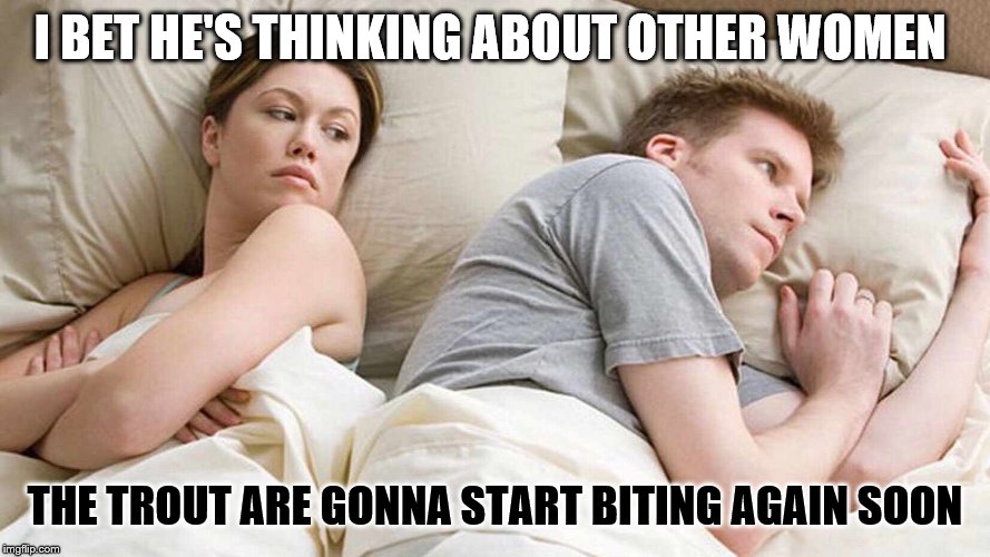 I Bet He's Thinking About Other Women Meme | I BET HE'S THINKING ABOUT OTHER WOMEN; THE TROUT ARE GONNA START BITING AGAIN SOON | image tagged in i bet he's thinking about other women | made w/ Imgflip meme maker