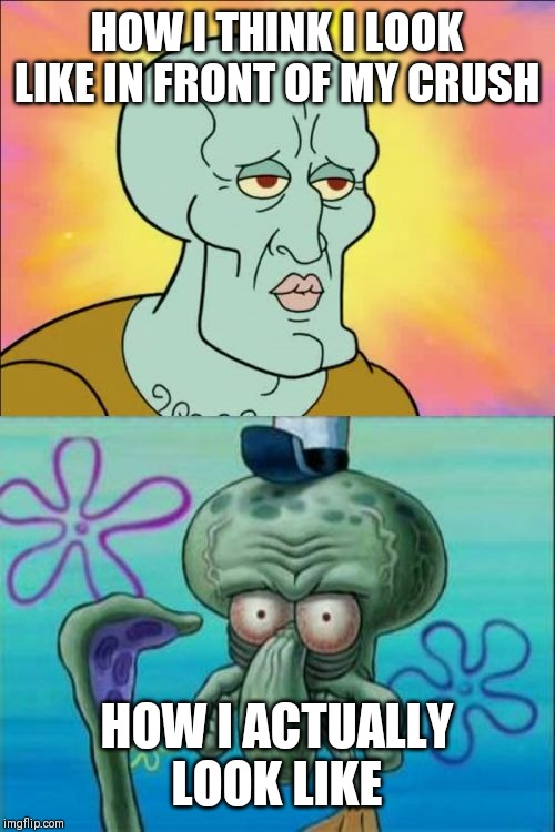 Squidward | HOW I THINK I LOOK LIKE IN FRONT OF MY CRUSH; HOW I ACTUALLY LOOK LIKE | image tagged in memes,squidward | made w/ Imgflip meme maker