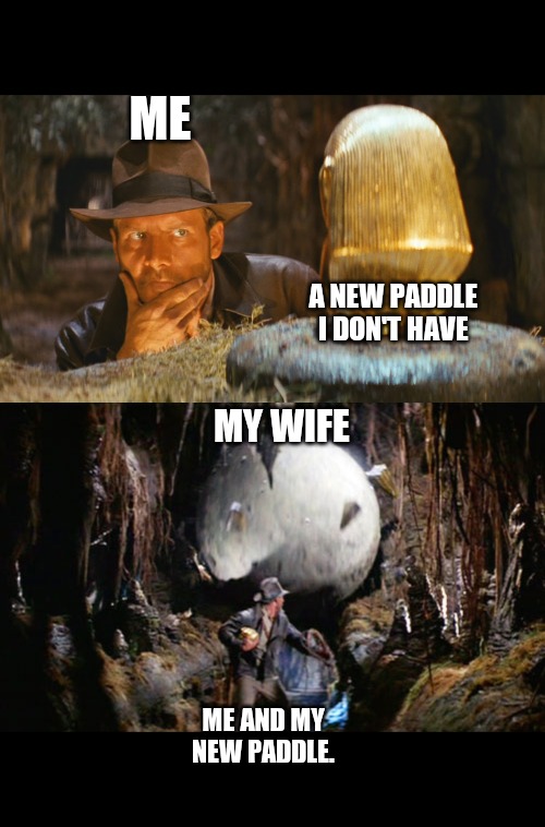 Too many Paddles | ME; A NEW PADDLE I DON'T HAVE; MY WIFE; ME AND MY NEW PADDLE. | image tagged in indiana jones boulder,indiana jones idol | made w/ Imgflip meme maker