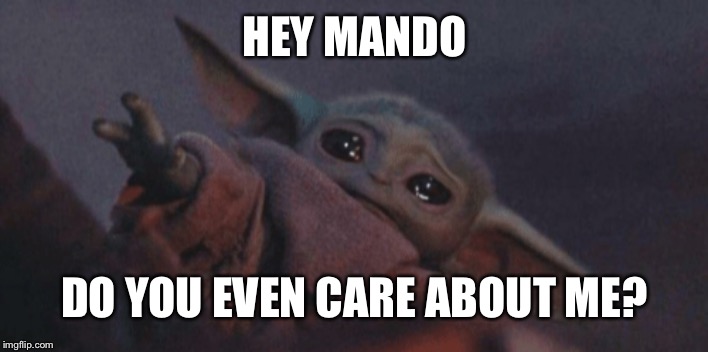 Baby yoda cry | HEY MANDO; DO YOU EVEN CARE ABOUT ME? | image tagged in baby yoda cry | made w/ Imgflip meme maker