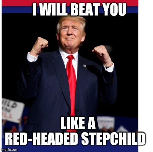 An important Presidential message to Democrat Dweebs: | I WILL BEAT YOU; LIKE A RED-HEADED STEPCHILD | image tagged in president trump | made w/ Imgflip meme maker