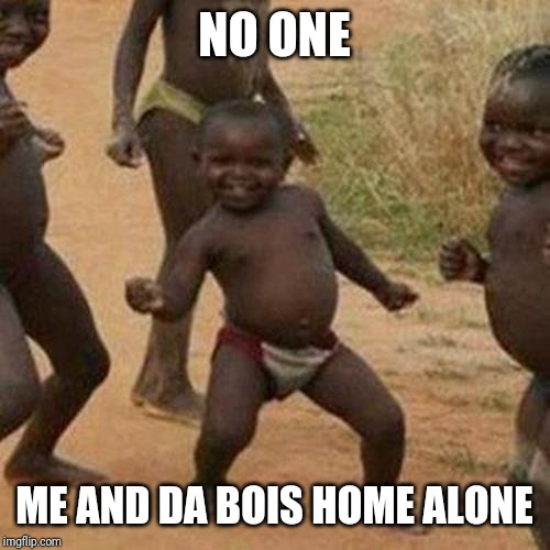 Third World Success Kid |  NO ONE; ME AND DA BOIS HOME ALONE | image tagged in memes,third world success kid | made w/ Imgflip meme maker