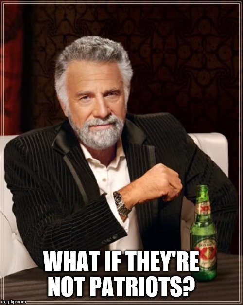 The Most Interesting Man In The World Meme | WHAT IF THEY'RE NOT PATRIOTS? | image tagged in memes,the most interesting man in the world | made w/ Imgflip meme maker