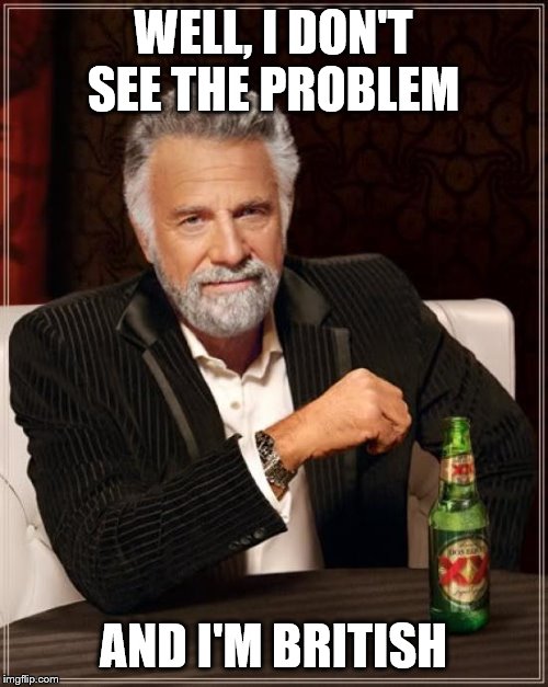 The Most Interesting Man In The World Meme | WELL, I DON'T SEE THE PROBLEM AND I'M BRITISH | image tagged in memes,the most interesting man in the world | made w/ Imgflip meme maker