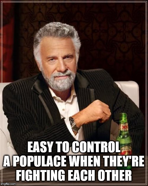 The Most Interesting Man In The World Meme | EASY TO CONTROL A POPULACE WHEN THEY'RE FIGHTING EACH OTHER | image tagged in memes,the most interesting man in the world | made w/ Imgflip meme maker