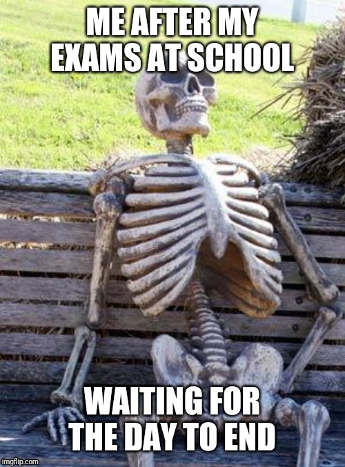 Waiting Skeleton Meme | ME AFTER MY EXAMS AT SCHOOL; WAITING FOR THE DAY TO END | image tagged in memes,waiting skeleton | made w/ Imgflip meme maker