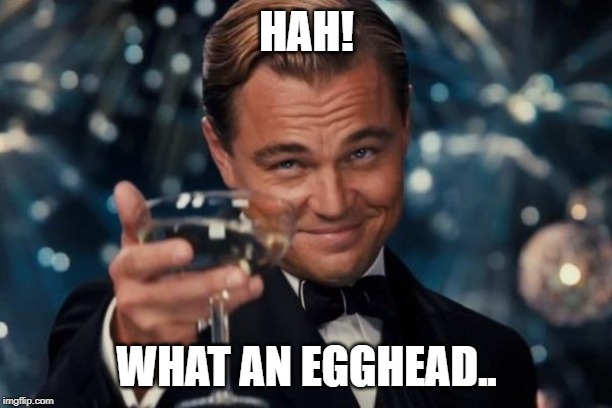 Leonardo Dicaprio Cheers Meme | HAH! WHAT AN EGGHEAD.. | image tagged in memes,leonardo dicaprio cheers | made w/ Imgflip meme maker