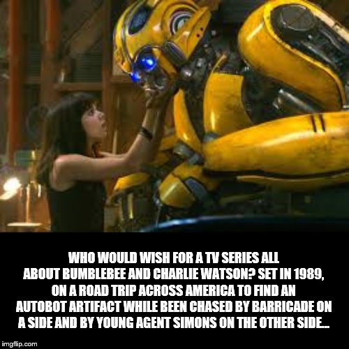 Bumblebee the Series... | WHO WOULD WISH FOR A TV SERIES ALL ABOUT BUMBLEBEE AND CHARLIE WATSON? SET IN 1989, ON A ROAD TRIP ACROSS AMERICA TO FIND AN AUTOBOT ARTIFACT WHILE BEEN CHASED BY BARRICADE ON A SIDE AND BY YOUNG AGENT SIMONS ON THE OTHER SIDE... | image tagged in transformers,bumblebee,tv show,memes | made w/ Imgflip meme maker