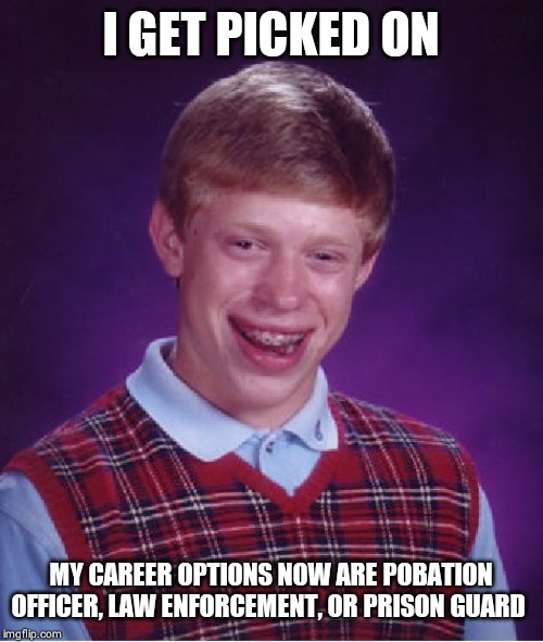 Bad Luck Brian Meme | I GET PICKED ON; MY CAREER OPTIONS NOW ARE POBATION OFFICER, LAW ENFORCEMENT, OR PRISON GUARD | image tagged in memes,bad luck brian | made w/ Imgflip meme maker