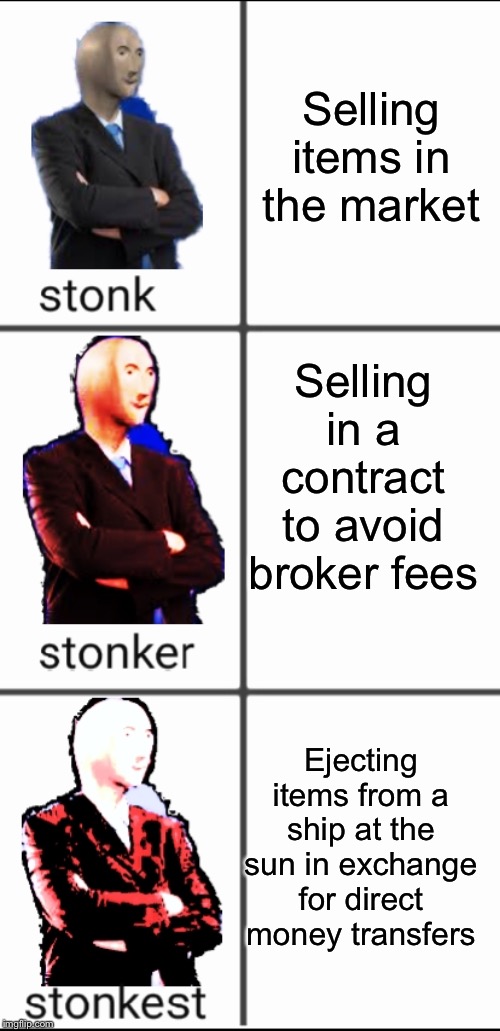Stonk by level | Selling items in the market; Selling in a contract to avoid broker fees; Ejecting items from a ship at the sun in exchange for direct money transfers | image tagged in stonk by level,evememes | made w/ Imgflip meme maker