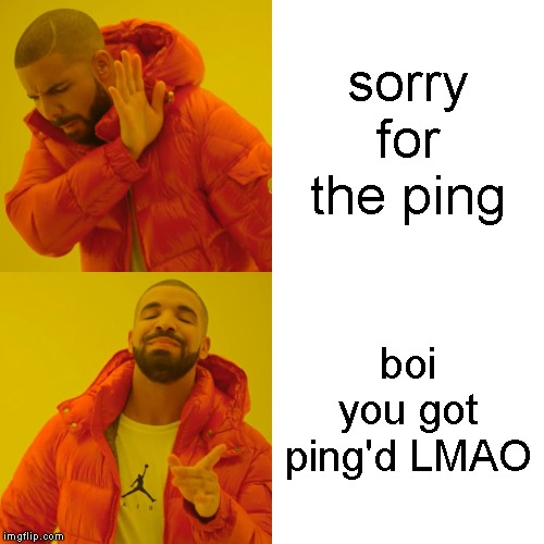 Drake Hotline Bling Meme | sorry for the ping; boi you got ping'd LMAO | image tagged in memes,drake hotline bling | made w/ Imgflip meme maker