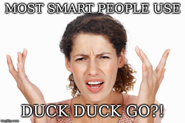 Indignant | MOST SMART PEOPLE USE; DUCK DUCK GO?! | image tagged in indignant | made w/ Imgflip meme maker