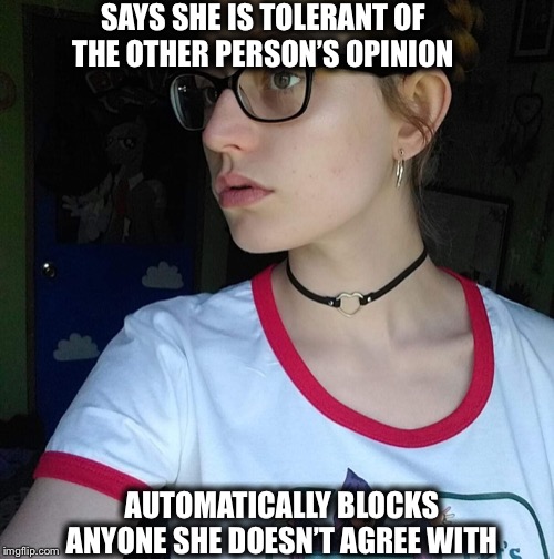 Facebook leftist | SAYS SHE IS TOLERANT OF THE OTHER PERSON’S OPINION; AUTOMATICALLY BLOCKS ANYONE SHE DOESN’T AGREE WITH | image tagged in facebook leftist,liberal logic,liberal hypocrisy,goofy,liberal college girl | made w/ Imgflip meme maker