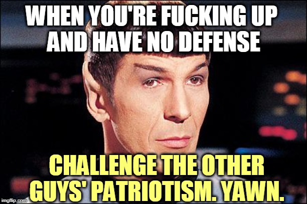 Condescending Spock | WHEN YOU'RE F**KING UP 
AND HAVE NO DEFENSE CHALLENGE THE OTHER GUYS' PATRIOTISM. YAWN. | image tagged in condescending spock | made w/ Imgflip meme maker